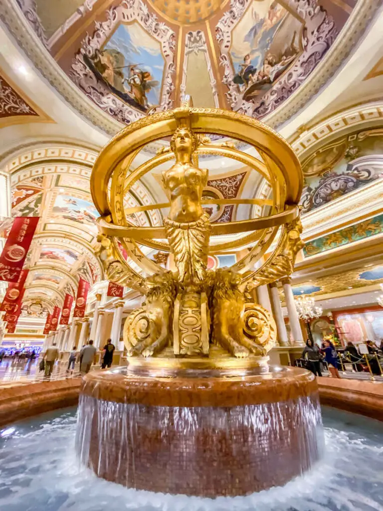 Golden fountain in The Venetian lobby near the front desk.