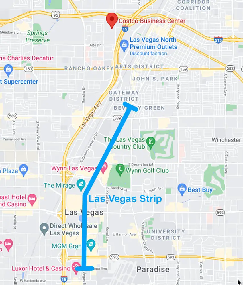 Costco Closest to The Vegas Strip (Location, Directions & Hours) 2 Map of the Costco Business Center in relation to the Las Vegas Strip.