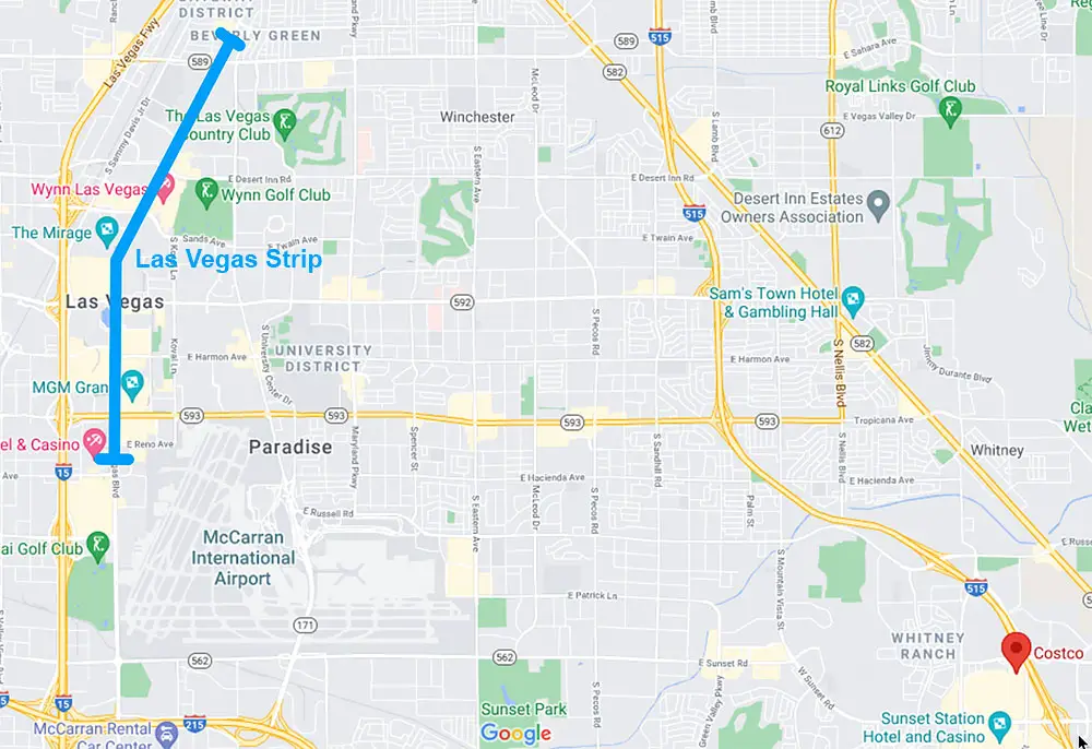 Costco Closest to The Vegas Strip (Location, Directions & Hours) 4 Map of the Costco in Henderson in relation to the Las Vegas Strip.