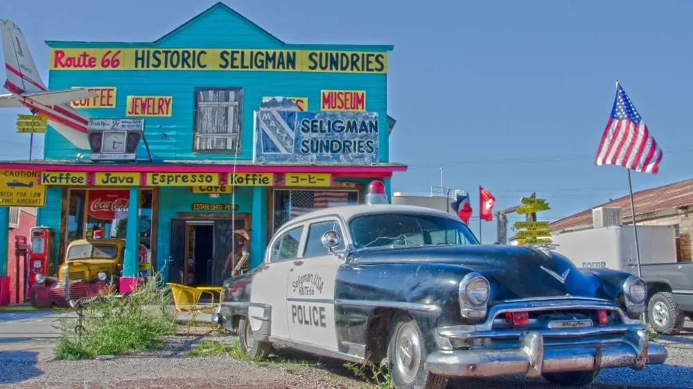 Las Vegas or Phoenix to The Grand Canyon? (Where to Start) 12 Town of Seligman on Route 66 on the way to the Grand Canyon from Las Vegas.