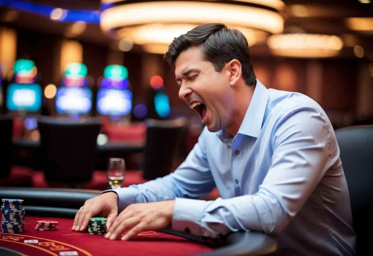 a sleepy gambler yawning