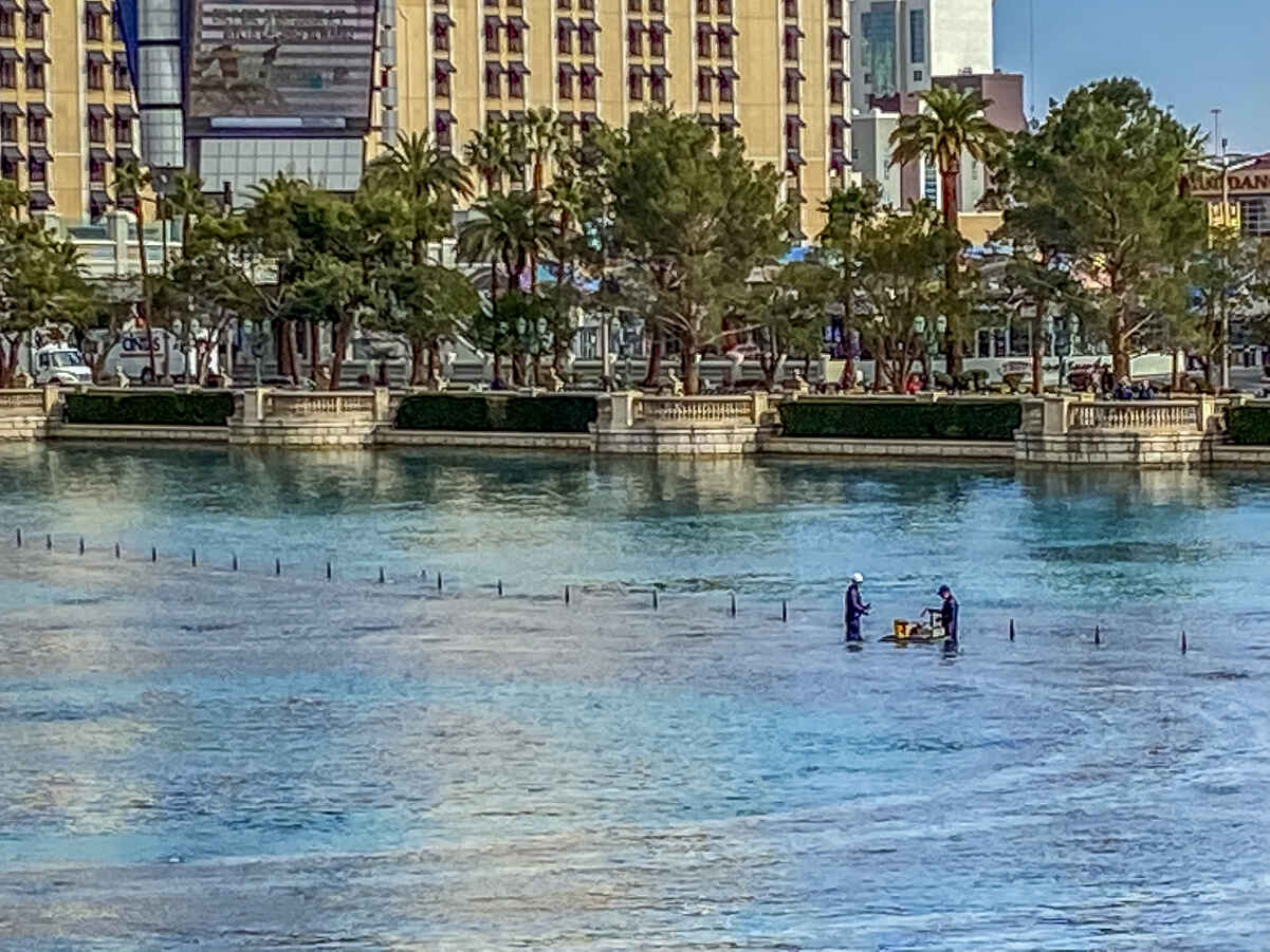 How Do the Bellagio Fountains Work? Behind the Scenes 4 Bellagio Fountain engineers can sometimes be seen in the lake in the morning and between shows.